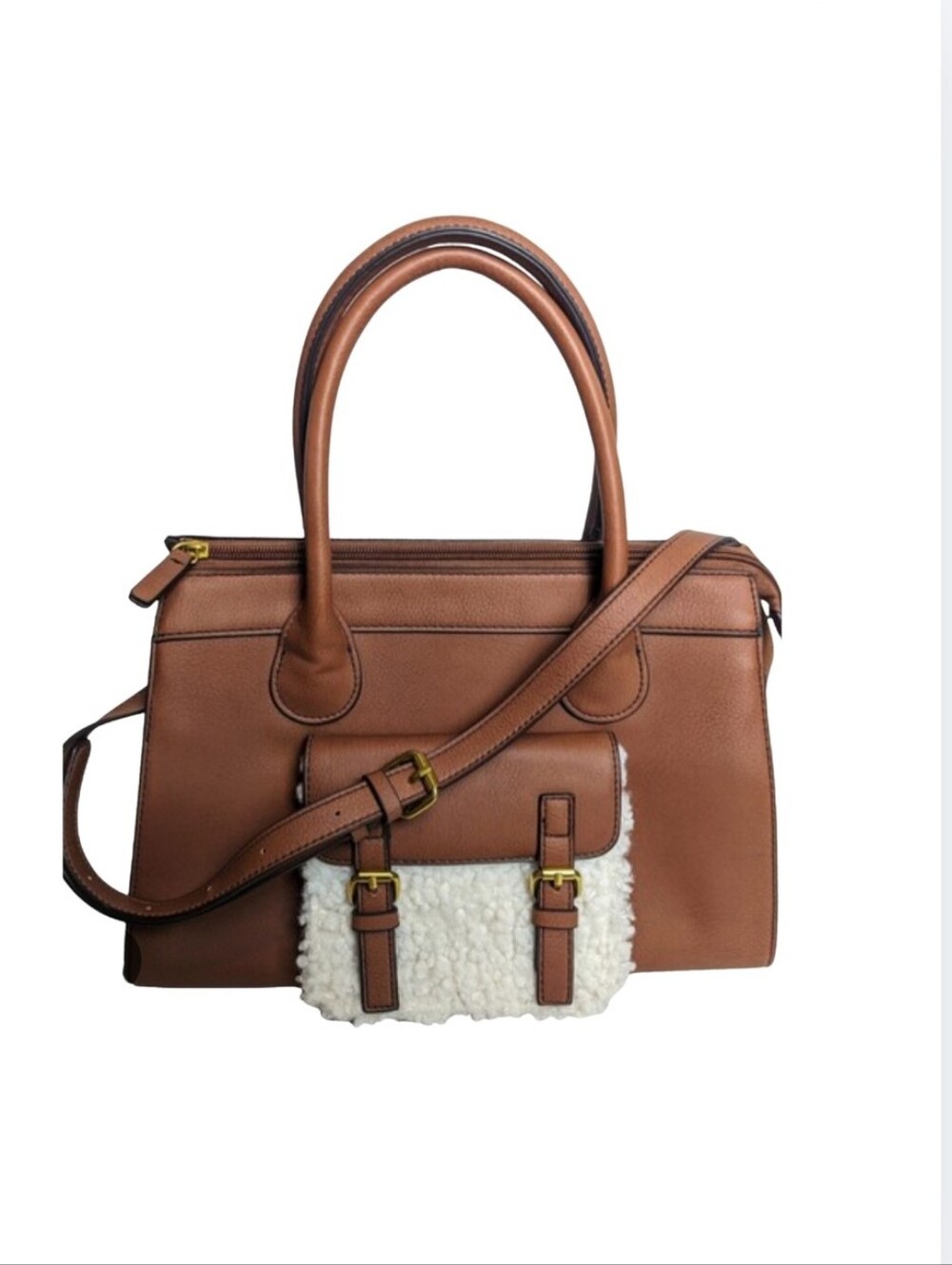 NWT a.n.a Leah Satchel Crossbody Bag Cognac Brown Faux Leather Sherpa Purse